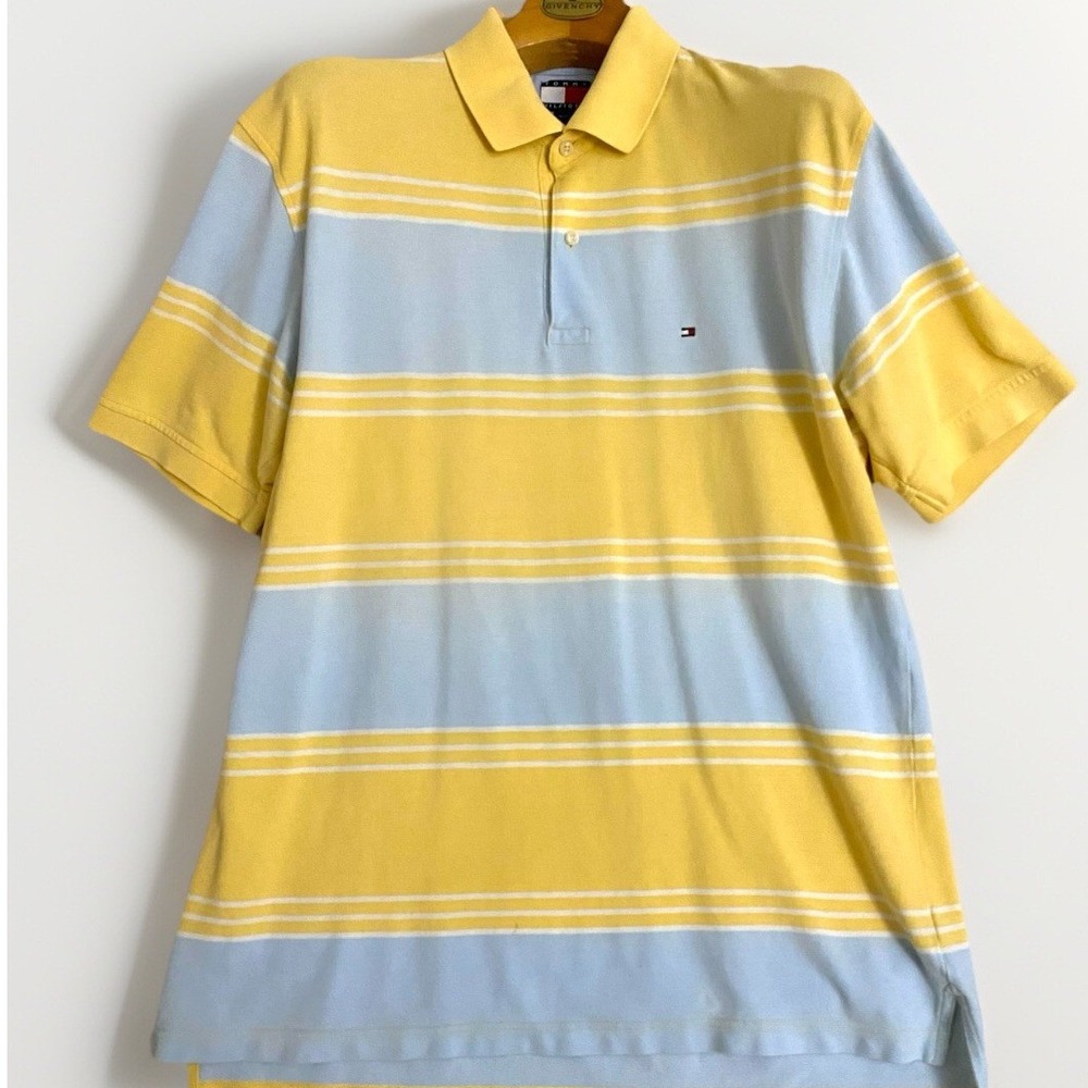 Tommy Hilfiger Mens XL Polo Shirt Yellow Blue Striped Short Sleeve Cotton Pique